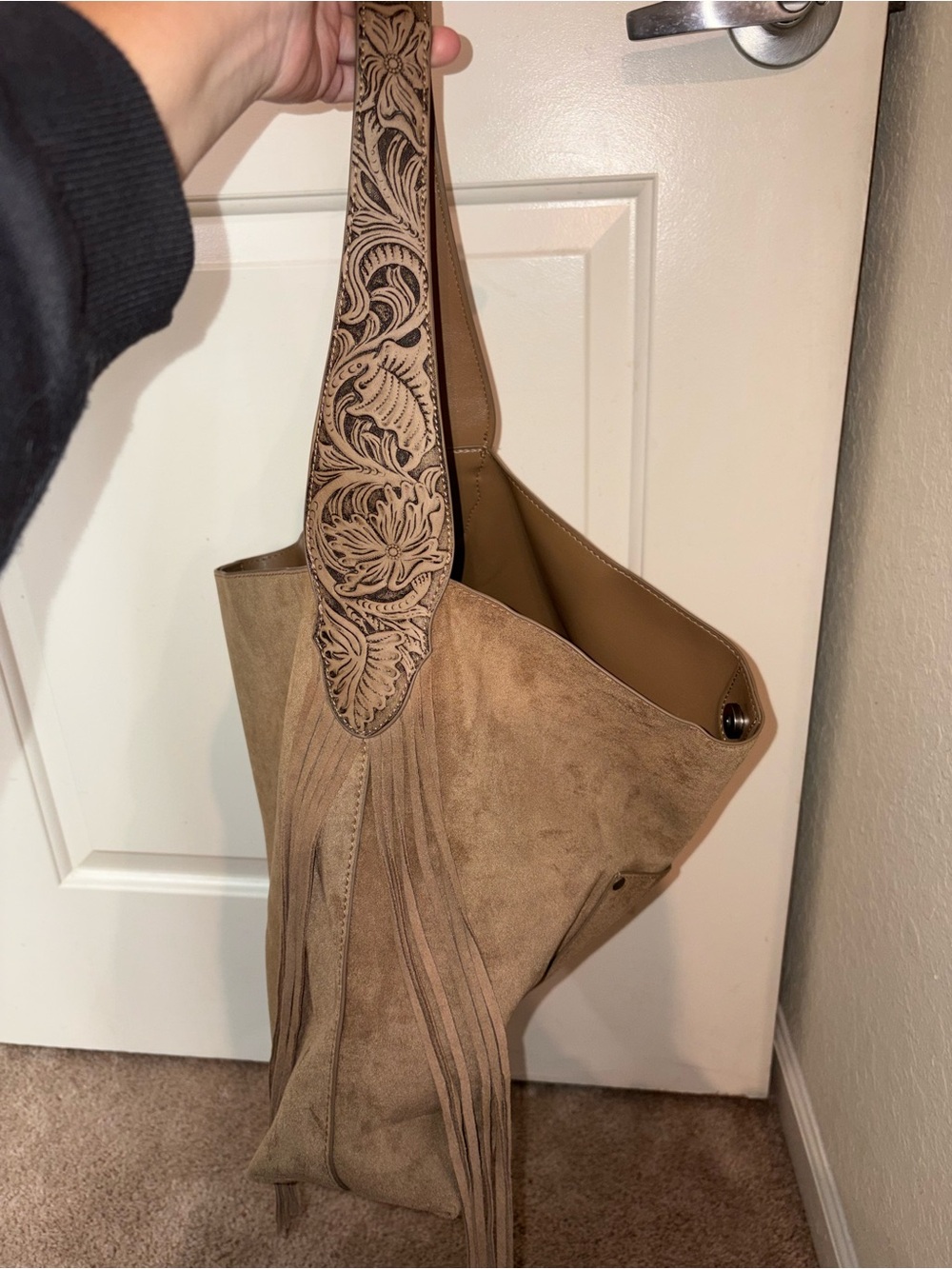 Wrangler Tan Suede Fringe Shoulder Bag with Tooled Strap